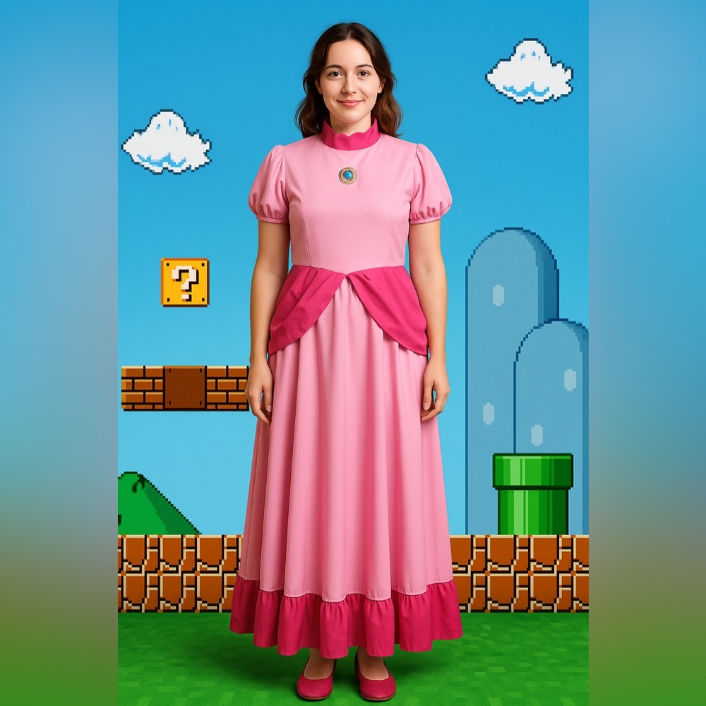 Women’s Princess Peach Pink Dress Costume Full Length Cosplay Gown Size Large